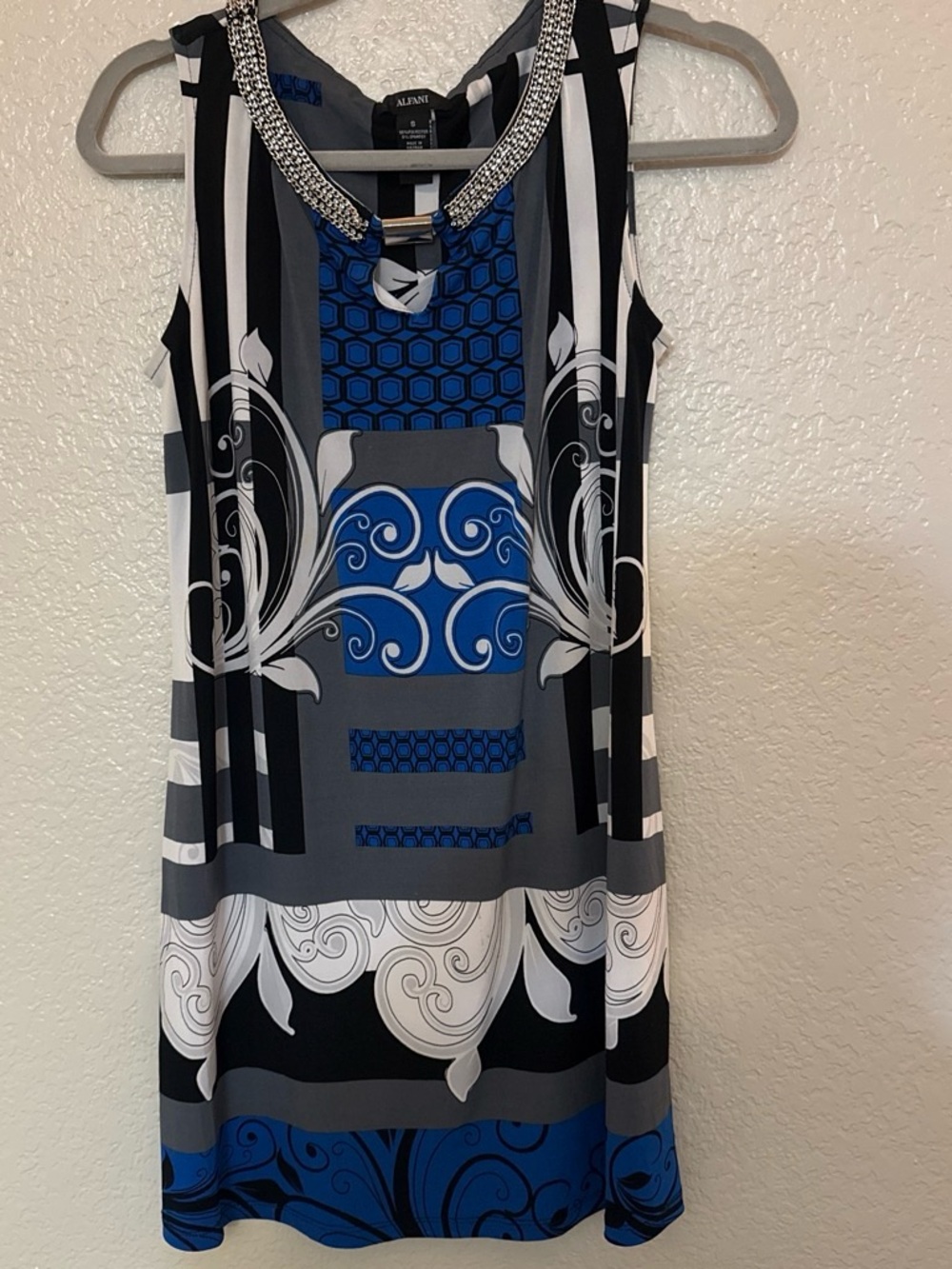 Alfani Blue, Black & Gray Sleeveless Patterned Shift Dress